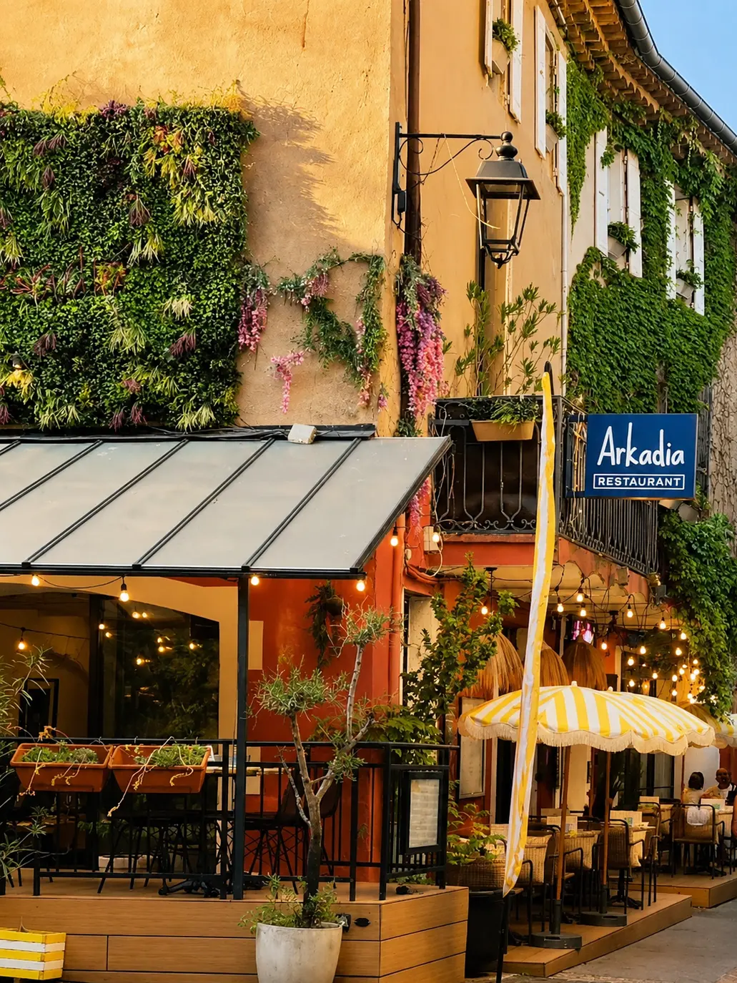 Façade du restaurant Arkadia dans le vieux village de Vallon-Pont-d'Arc
